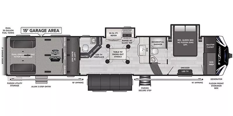 45' 2022 Keystone Fuzion M-419 w/3 Slides & Generator  - Toy Hauler - Bunk House Floorplan
