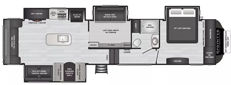 39' 2022 Keystone Sprinter Limited 3590 LFT w/4 Slides Floorplan