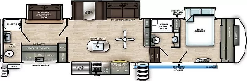 43' 2021 Forest River Sandpiper 383RBLOK w/4 Slides - Bunk House Floorplan