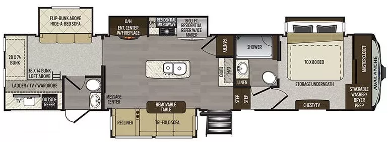 40' 2019 Keystone Avalanche 379BH w/4 Slides - Bunk House Floorplan
