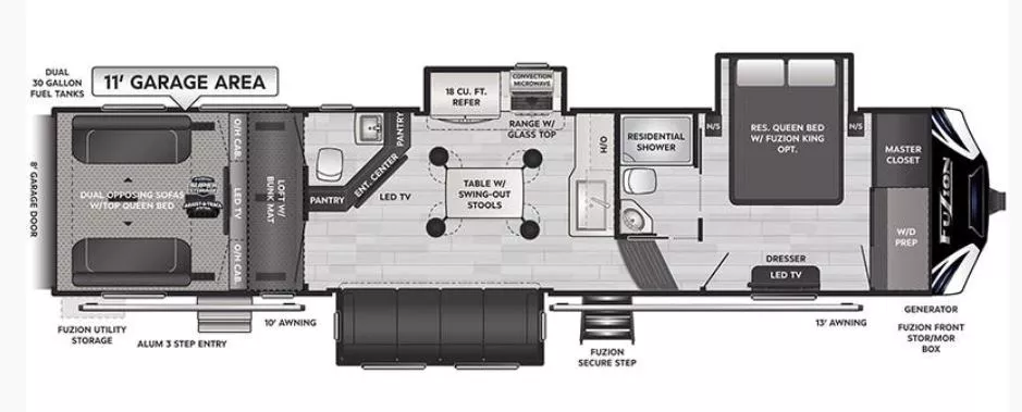 39' 2021 Keystone Fuzion 373 w/3 Slides & Generator  - Toy Hauler Floorplan