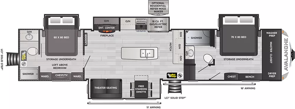 43' 2022 Keystone Avalanche 390DS w/3 Slides Floorplan