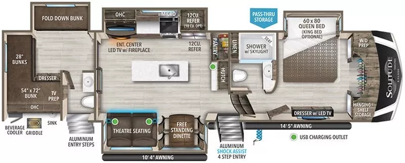 40' 2022 Grand Design Solitude 3740BH w/4 Slides - Bunk House Floorplan