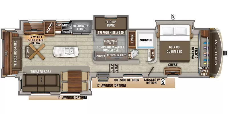 43' 2019 Jayco North Point 377RLBH w/4 Slides - Bunk House Floorplan