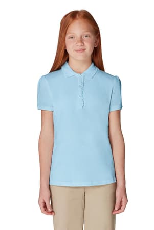 front on figure view of  Short Sleeve Ruffle Polo (Feminine Fit)