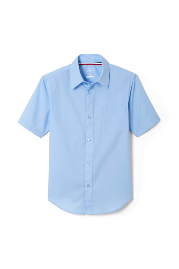Front view of Blue Short Sleeve Shirt with Expandable Collar 