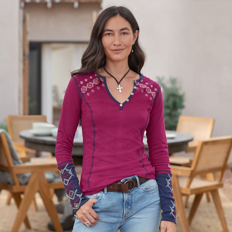 Kason Embroidered Henley View 6Raspberry