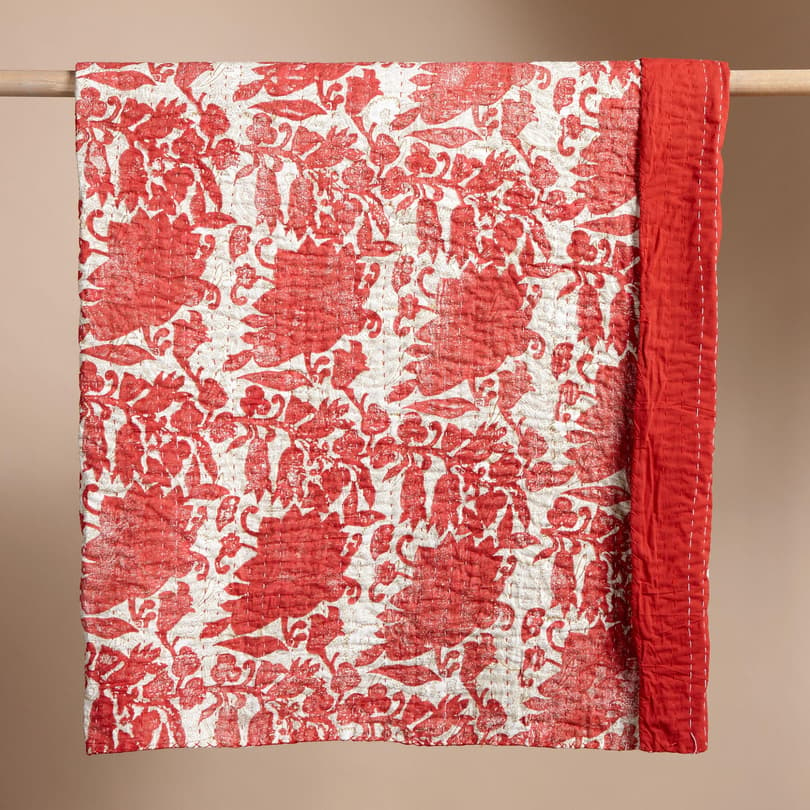 RED & WHITE FLORAL KANTHA QUILT view 1 RED