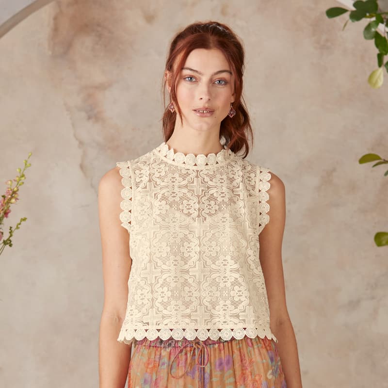 Graphic Lace Sleeveless Top View 4Ivory