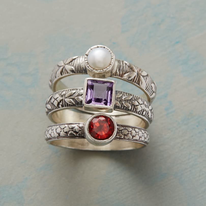 RED WHITE AND AMETHYST RING TRIO view 1