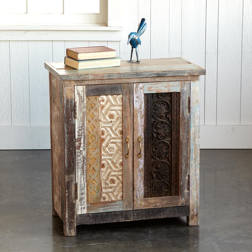 CARVED WOOD BLOCK CABINET view 1