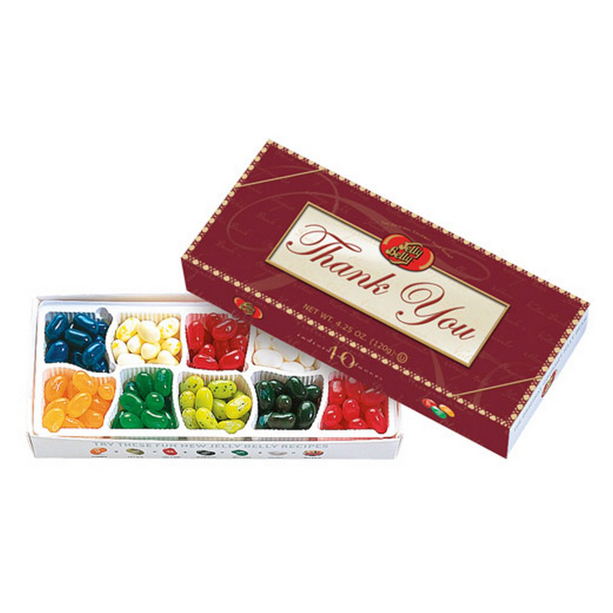 Jelly Belly 10-Flavor Thank You Gift Box. Assorted beans like Buttered Popcorn and Very Cherry. Great present for candy fans.