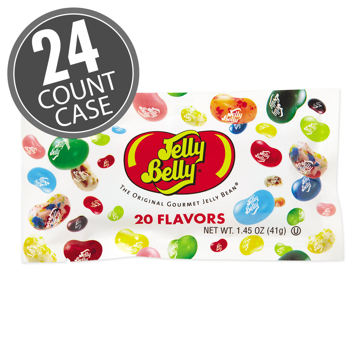 Jelly Belly Assorted jelly beans in 1.45 oz laydown bags. 20 assorted fruit flavors. 24 bags per case. Great candy for a party; gifts or giveaways.