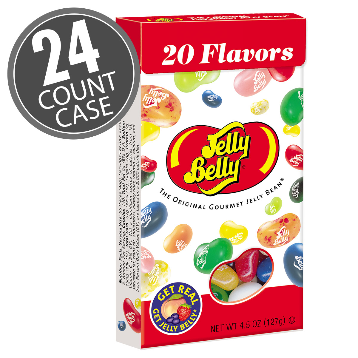 Jelly Belly jelly beans in 20 Assorted Flavors in 4.5 oz; re-closeable flip-top boxes. Great candy for a party or giveaways.
