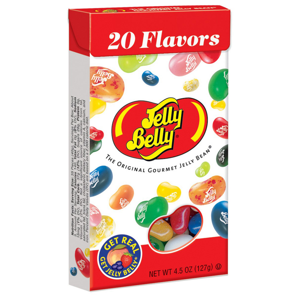 Jelly Belly jelly beans in 20 Assorted Flavors in a 4.5 oz flip top box. Great candy for a party or giveaways.