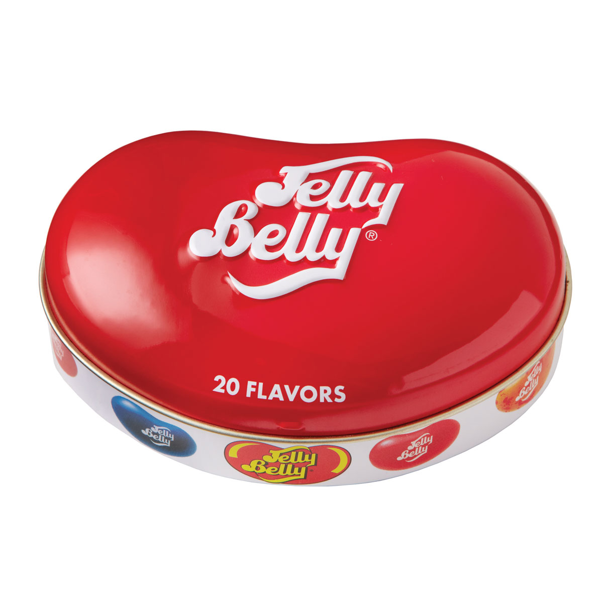 Jelly Belly Bean Tin with 1.7 oz of assorted flavor jelly beans. The bean-shaped container can be refilled with other candy!