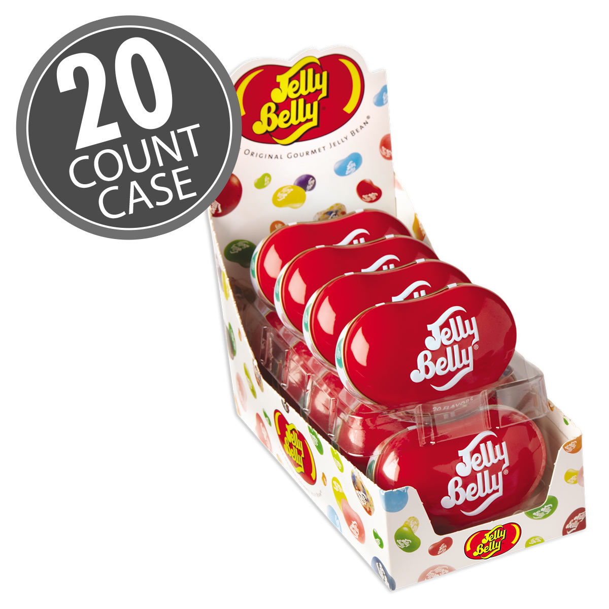 Jelly Belly Bean Tin with 1.7 oz of assorted flavor jelly beans. The bean-shaped container can be refilled with other candy! 20-count case.