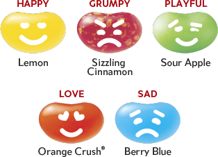 Happy = lemon flavor, Grumpy = sizzling cinnamon flavor, Playful = sour apple flavor, Love = orange crush flavor, and Sad = Berry Blue flavor