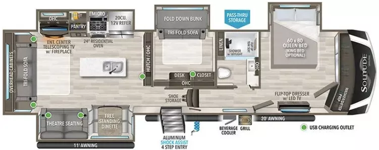 41' 2021 Grand Design Solitude 378MBS w/4 Slides - Bunk House Floorplan