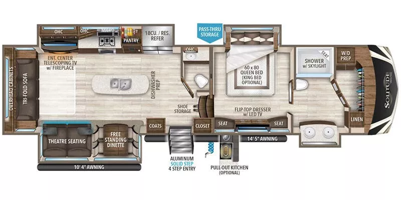 41' 2021 Grand Design Solitude 373FB w/4 Slides Floorplan