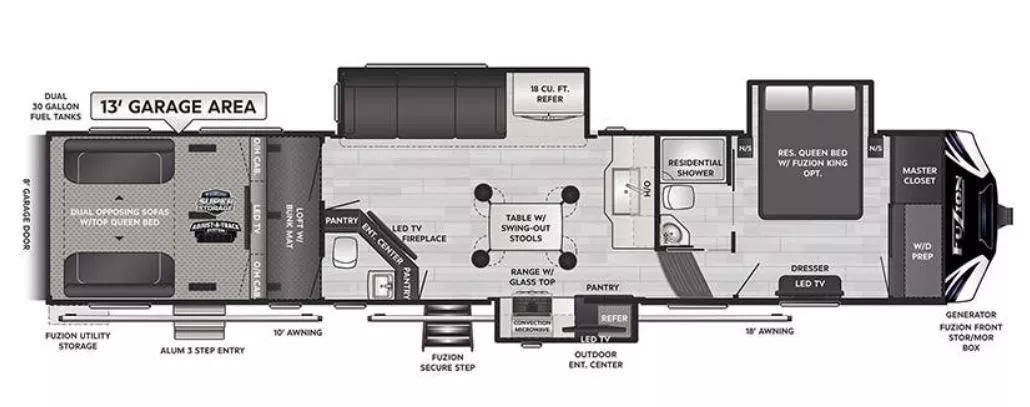 45' 2021 Keystone Fuzion 427 w/3 Slides & Generator  - Toy Hauler Floorplan