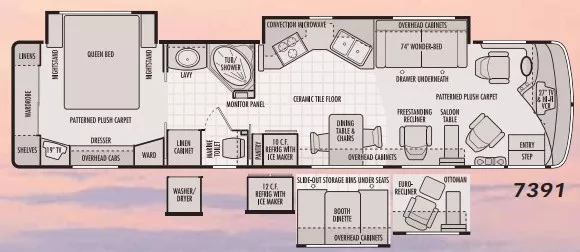 39' 2002 National RV Tradewinds 7391LTC 350hp Cummins w/2 Slides Floorplan