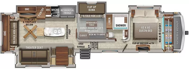 42' 2021 Jayco North Point 377RLBH w/4 Slides - Bunk House Floorplan