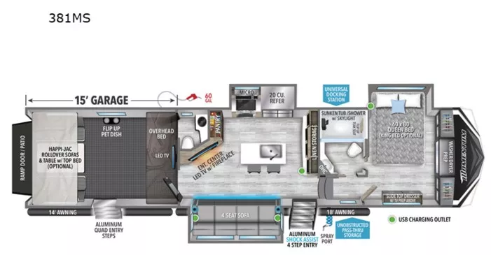 38' 2023 Grand Design Momentum M-Class 381MS w/3 Slides & Generator  - Toy Hauler Floorplan
