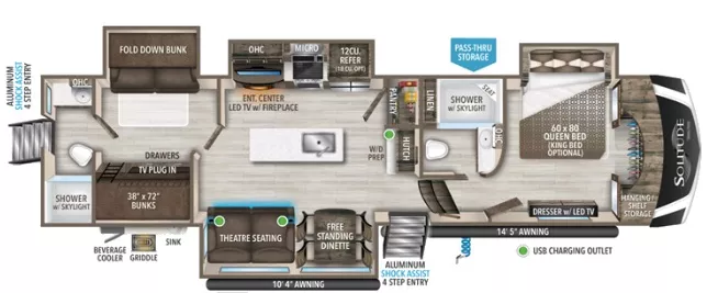 40' 2021 Grand Design Solitude S Class 3950BH-R w/4 Slides - Bunk House Floorplan