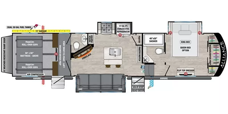 40' 2021 Alliance RV Valor 36V11 w/3 Slides & Generator  - Toy Hauler Floorplan