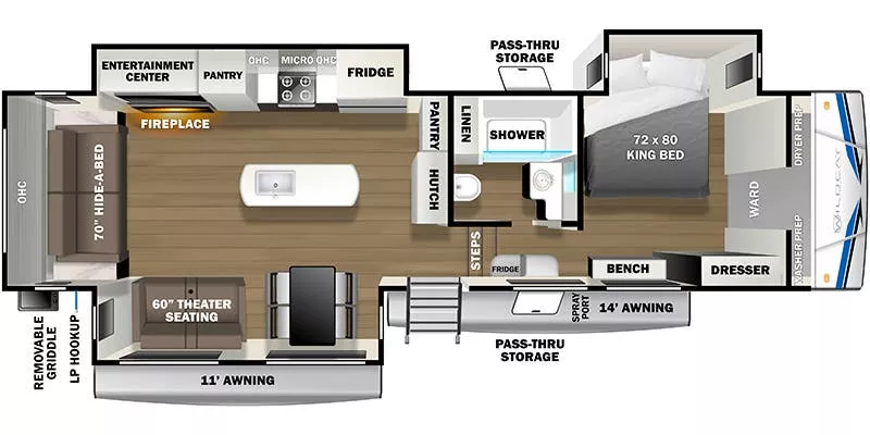 36' 2022 Forest River Wildcat 333RLBS w/3 Slides Floorplan