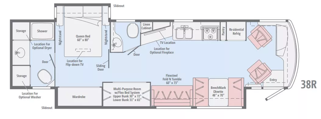 39' 2016 Winnebago Forza 38R 340hp Cummins w/2 Slides - Bunk House Floorplan