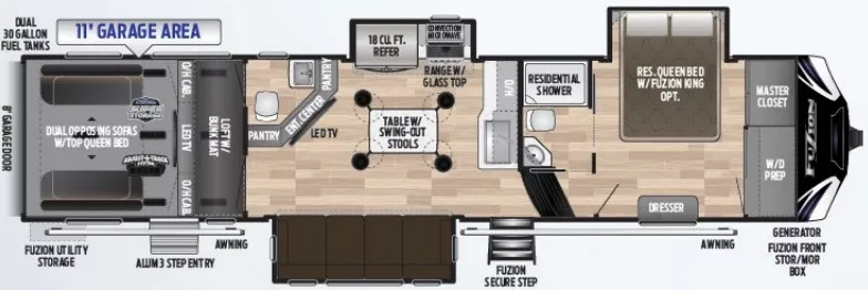 39' 2020 Keystone Fuzion 373 w/3 Slides & Generator  - Toy Hauler Floorplan