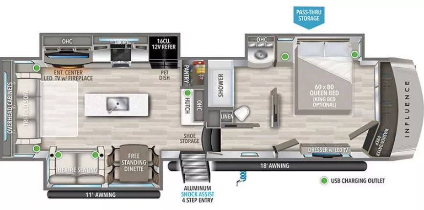 38' 2024 Grand Design Influence 3503GK w/3 Slides Floorplan