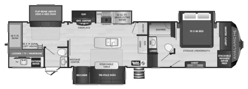 40' 2021 Keystone Avalanche 378BH w/4 Slides - Bunk House Floorplan