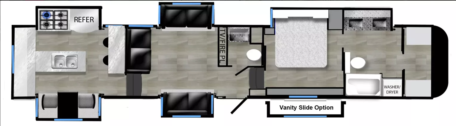 48' 2025 The RV Factory Luxe Elite 46RKB w/6 Slides & Generator Floorplan