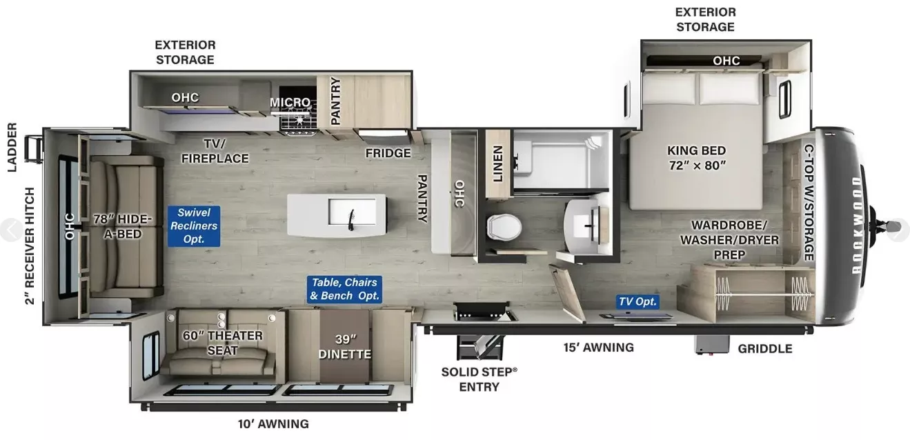 36' 2025 Forest River Rockwood 8337RL w/3 Slides Floorplan