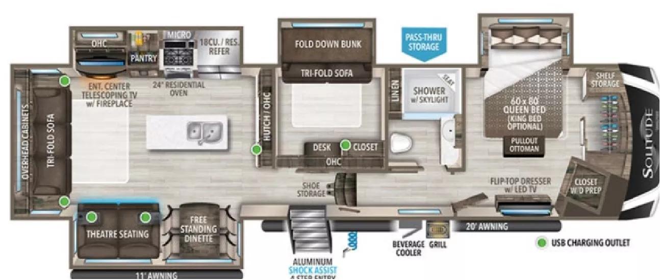 42' 2022 Grand Design Solitude 378MBS w/4 Slides - Bunk House Floorplan