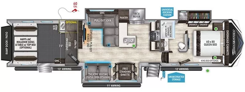 43' 2022 Grand Design Momentum M-Class 395MS w/3 Slides & Generator  - Toy Hauler Floorplan