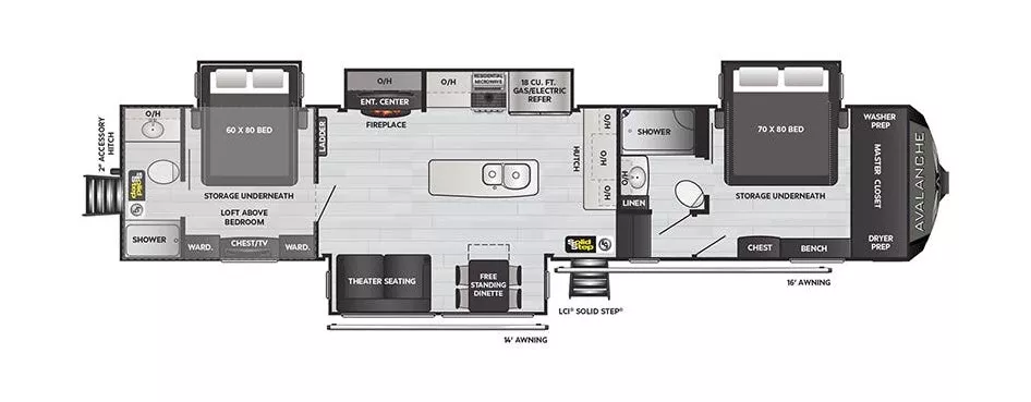 44' 2022 Keystone Avalanche 390DS w/4 Slides - Bunk House Floorplan
