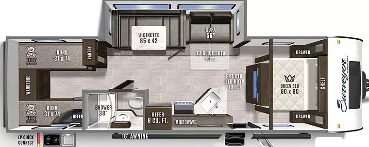 33' 2020 Forest River Surveyor Legend 295QBLE w/Slide - Bunk House Floorplan