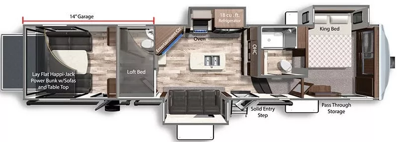 42' 2022 Dutchmen Voltage Toy Hauler 3845 w/3 Slides & Generator  - Toy Hauler - Bunk House Floorplan