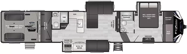 43' 2021 Keystone Fuzion 430 w/3 Slides & Generator  - Toy Hauler - Bunk House Floorplan