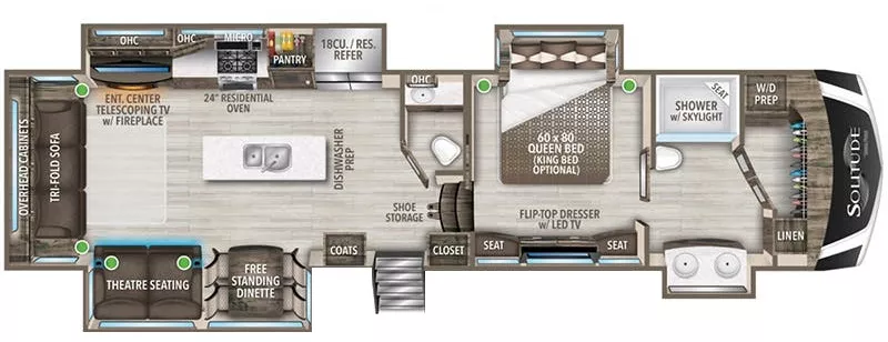 41' 2022 Grand Design Solitude 373FB w/3 Slides Floorplan