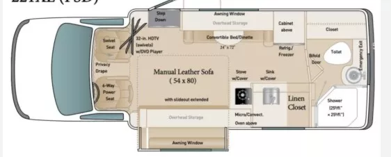 23' 2018 Coach House Platinum Series 221 XL w/Slide Floorplan