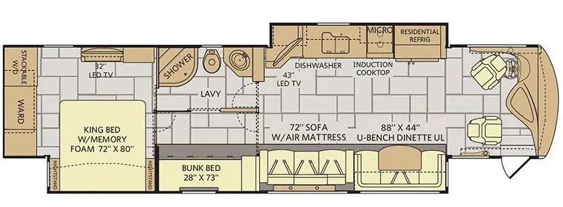 41' 2017 Fleetwood Discovery Lxe 40G 380hp Cummins w/2 Slides - Bunk House Floorplan