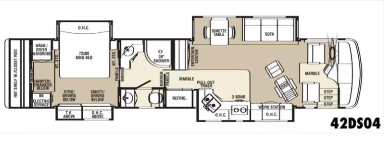 43' 2005 Travel Supreme 42DS04 500hp Cummins w/4 Slides Floorplan