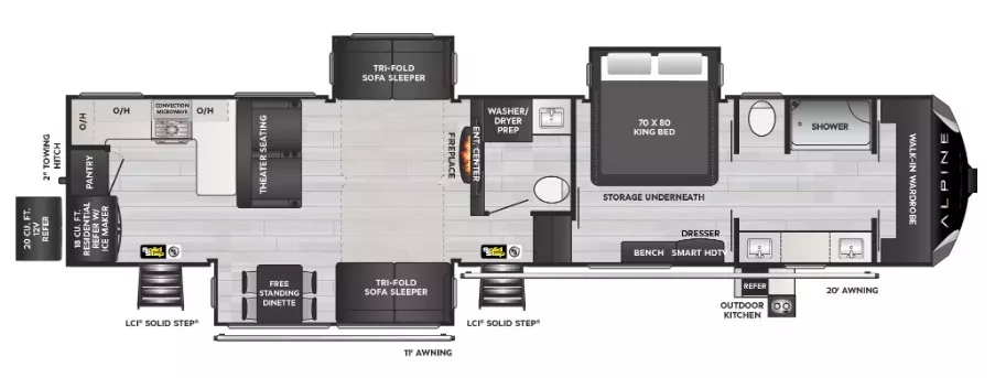 43' 2022 Keystone Alpine 3910RK w/3 Slides Floorplan