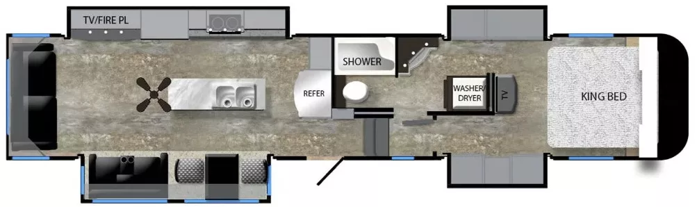 43' 2018 The RV Factory Luxe Elite 42RE w/4 Slides Floorplan