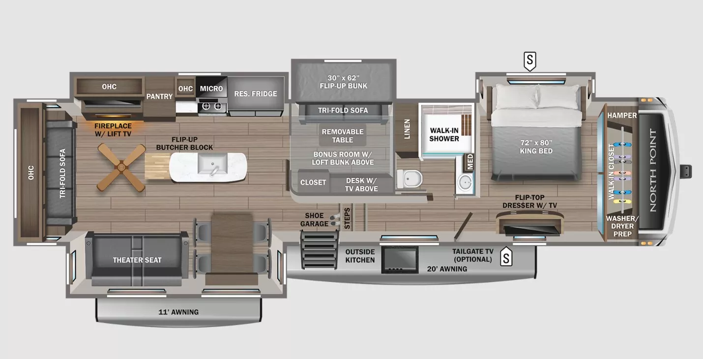 43' 2023 Jayco North Point 377 RLBH w/4 Slides - Bunk House Floorplan